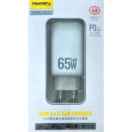 Chargeur Secteur GaN 65W PAVAREAL W107 USB 3.0 + USB-C