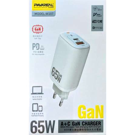 Chargeur Secteur GaN 65W PAVAREAL W107 USB 3.0 + USB-C
